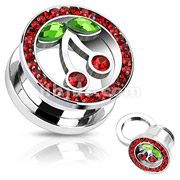 316L Surgical Stainless Steel Screw Fit Hollow Tunnel with Cherry CZ and Multi-Gemmed Rim