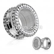 316L Surgical Steel Double Flared Screw-Fit Multi Gemmed Rim with Beaded Steel Ball Looped Side Rim Tunnel Plug