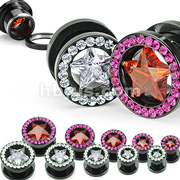 Titanium Anodized over 316L Surgical Steel Screw Fit Flesh Tunnel with Multi-Gemmed Rim and Star CZ Center