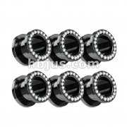 Assorted Black Titanium Anodized Over 316L Surgical Steel Screw Fit Hollow Plug with Clear Multi-Gemmed Rim