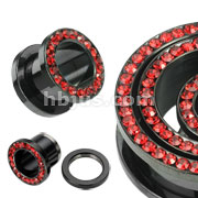 Assorted Black Titanium Anodized Over 316L Surgical Steel Screw Fit Hollow Plug with Red Multi-Gemmed Rim
