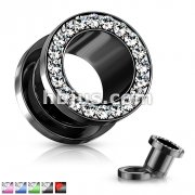 Titanium Anodized Over 316L Surgical Steel Screw Fit Hollow Plug with Multi-Gemmed Rim