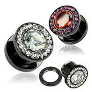 Titanium Anodized over 316L Surgical Steel Screw Fit Flesh Tunnel with Multi-Gemmed Rim and CZ Center