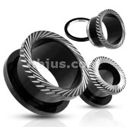 60 Pcs of Assorted Sozes of Blackline Titanium Anodized Over Surgical Steel Slant Mill Grooved Cuts Screw-Fit Tunnel Plug