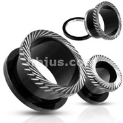 Blackline Titanium Anodized Over Surgical Steel Slant Mill Grooved Cuts Screw-Fit Tunnel Plug