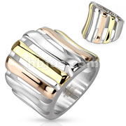 Stainless Steel Triple Tone IP Wide Concaved Bridge Frontal Ring