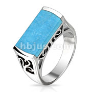 Stainless Steel Rectangular Turquoise Stone Set Band Ring