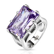 Stainless Steel Highly Faceted Amethyst Rectangular Gem Cast Ring