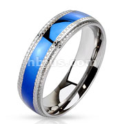 Stainless Steel Blue IP Checkered Edge Band Ring