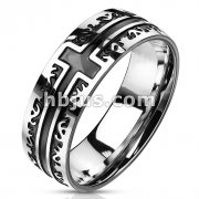 Stainless Steel Black IP Tribal with a Cross Ring