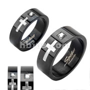 Stainless Steel Black IP ring with a Cross and Square Gem