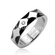 Stainless Steel Black IP Wave with Single Gem Ring