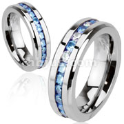 Stainless Steel Eternity Ring with Half Aqua and Half Clear & Aqua CZ Combination