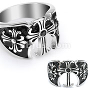 316L Surgical Steel Ring with Three Medieval Cross with a Black Gem 