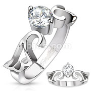 Stainless Steel Single Pronged CZ Heart Wing Band Ring