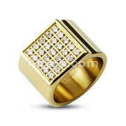 316L Stainless Steel Gold IP Square Plate Micro Paved Multi CZ Wide Band Ring