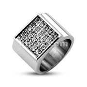 316L Stainless Steel Square Plate Micro Paved Multi CZ Wide Band Ring
