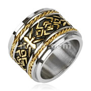 316L Stainless Steel Gold IP Cross Tribal Pattern Cast Wide Band Ring