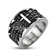 316L Stainless Steel Black Enamel Accented Jagged Edge Cross Ring