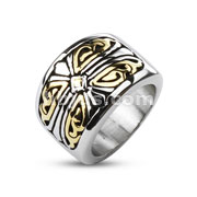 316L Stainless Steel Gold IP Duo-Tone Accented Royal Cross Band Ring