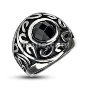 316L Stainless Steel Tribal Orb Black Stone Center Cast Ring
