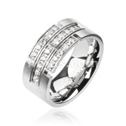 316L Stainless Steel Multi-CZ Strip Grooved Band Brushed Finish Ring