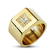316L Stainless Steel Gold IP Micro Paved Multi CZs with Center Square CZ Wide Band Ring