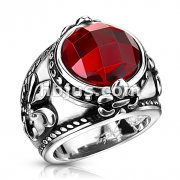 Stainless Steel Antiquated Fleur De Lis Red Gem Center Cast Ring