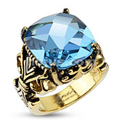 Gold IP Stainless Steel Faceted Aqua Square Gem Fleur De Lis Cast Ring