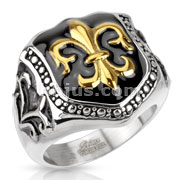 Stainless Steel Golden Fleur De Lis Glossy Epoxy Coated Shield Wide Cast Ring
