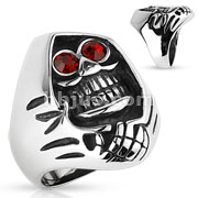 316L Stainless Steel Red CZ Eyed Grim Reaper Wide Cast Ring