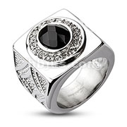 316L Stainless Steel Oval Onyx Gem with Clear CZ Dial Wide Cast Ring