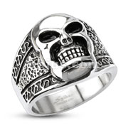 316L Stainless Steel Tribal Decorated Skull Wide Band Ring