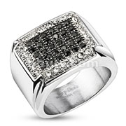 Stainless Steel Micro Paved Multi Black & Clear CZs Wide Band Ring