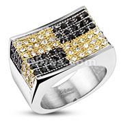 Stainless Steel Black Gold Checker Micro Paved Black & Clear CZs Concave Top Band Ring