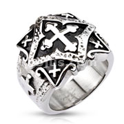 316L Stainless Steel Ornamental Multi Cross Plate Wide Cast Ring