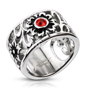 Stainless Steel Triple Flower Decorated Red CZ Centered Hollow Cast Ring
