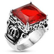 Stainless Steel Faceted Red Square Gem Royal Crown Cast Ring
