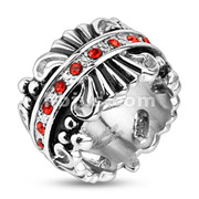 Stainless Steel Royal Floral Ornament Red CZ Center Lined Cast Ring