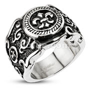 Stainless Steel Fleur De Lis Ornamental Decorated Wide Cast Ring