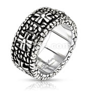 Stainless Steel With Continuous Pebbles and Crosses Cast Ring