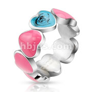 Stainless Steel Pink Epoxy Hears Link with Turqouise Focal Heart Cast Ring