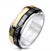 316L Stainless Steel Black & Gold IP Roman Numeral Dual Spinner Ring