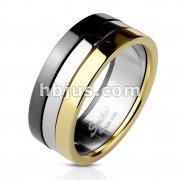 316L Stainless Steel Tri Color IP Grooved Band Ring