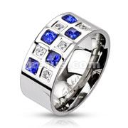 316L Stainless Steel Multi Blue & Clear CZ Paved Band Ring