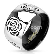 Stainless Steel Two Tone Black IP with Grooved Rose Band Ring