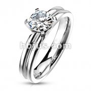 Stainless Steel Prong CZ Solitaire Grooved Dome Band Ring