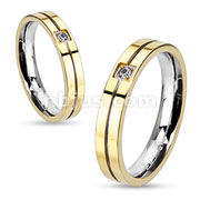 Stainless Steel Gold IP Grooved Center with Clear CZ Center Band Ring
