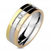 Stainless Steel Triple Tone IP Grooved Single CZ Center Band Ring