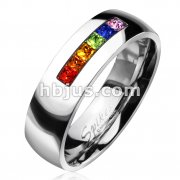 Stainless Steel Centered String of Rainbow Color Gems Band Ring